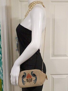 Urban Outfitters Kimche Blue Suede Chain Crossbody Bag Bird & Floral Motif